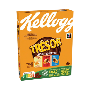 Kellogg's Tresor Choco Roulette, Cerealien Schoko, 375g Produktbild, Vorderseite der Verpackung